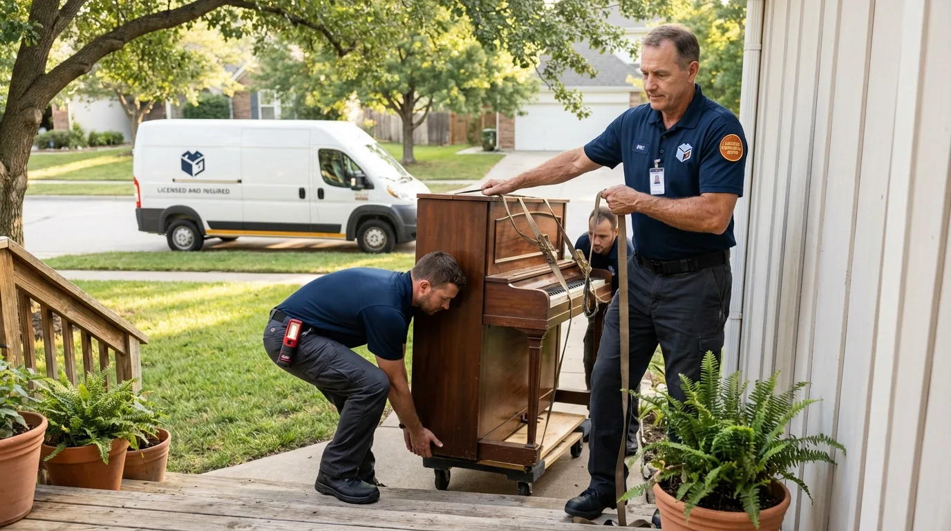 Licensed piano movers securing grand piano in Mount Shasta, CA