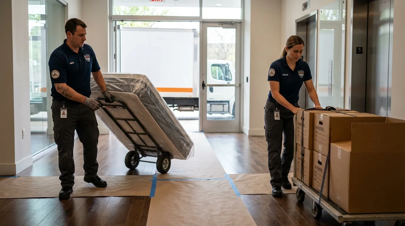 Professional apartment movers loading elevator in Mount Shasta, CA